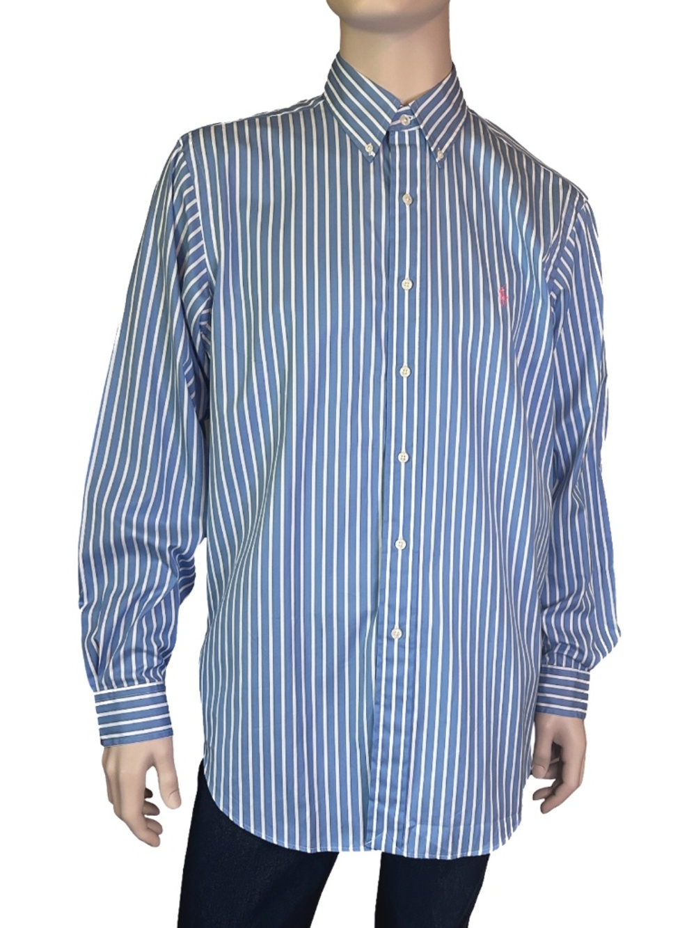 Ralph Lauren Luxury Button Front Stripe Shirt Pink Pony 100% Cotton Long Sleeve